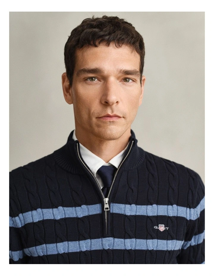 Striped Cotton Cable Knit Half-Zip Sweater in Evening Blue image 3