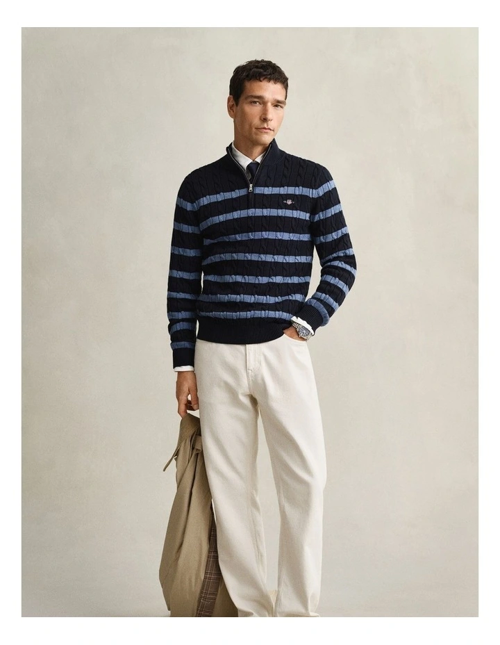 Striped Cotton Cable Knit Half-Zip Sweater in Evening Blue image 4