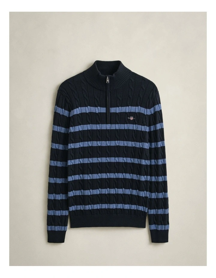 Striped Cotton Cable Knit Half-Zip Sweater in Evening Blue image 5
