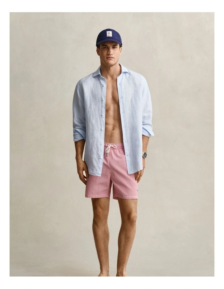 Striped Seersucker Swim Shorts in Rose Red image 4