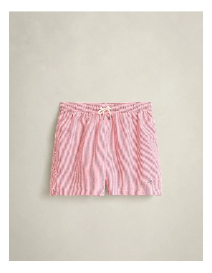 Striped Seersucker Swim Shorts in Rose Red image 5
