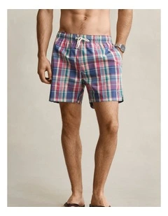 Madras Check Swim Shorts in Rose Red