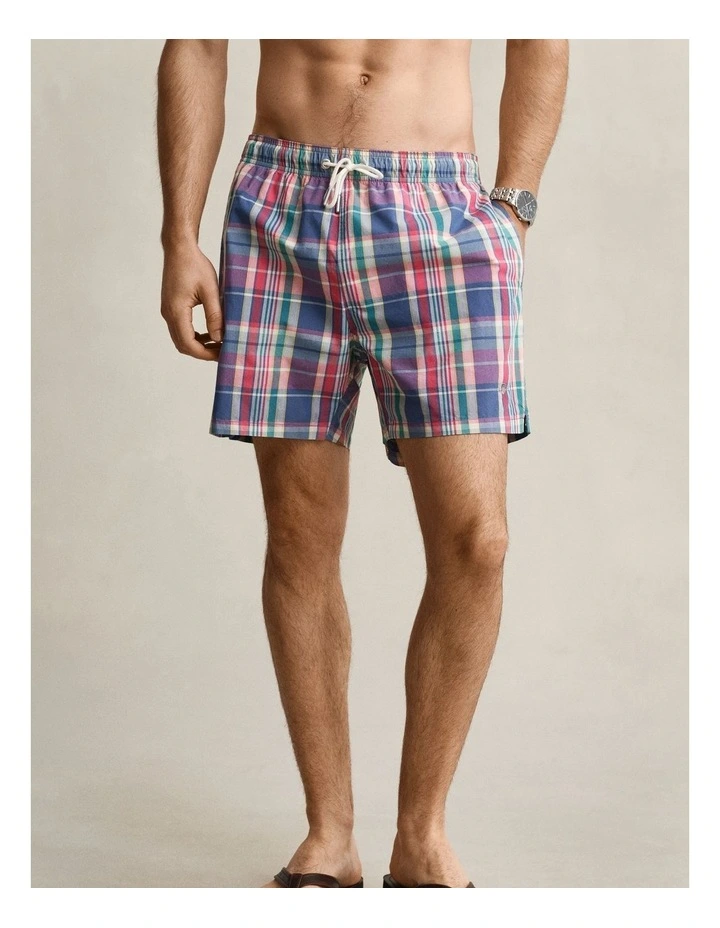 Madras Check Swim Shorts in Rose Red image 1