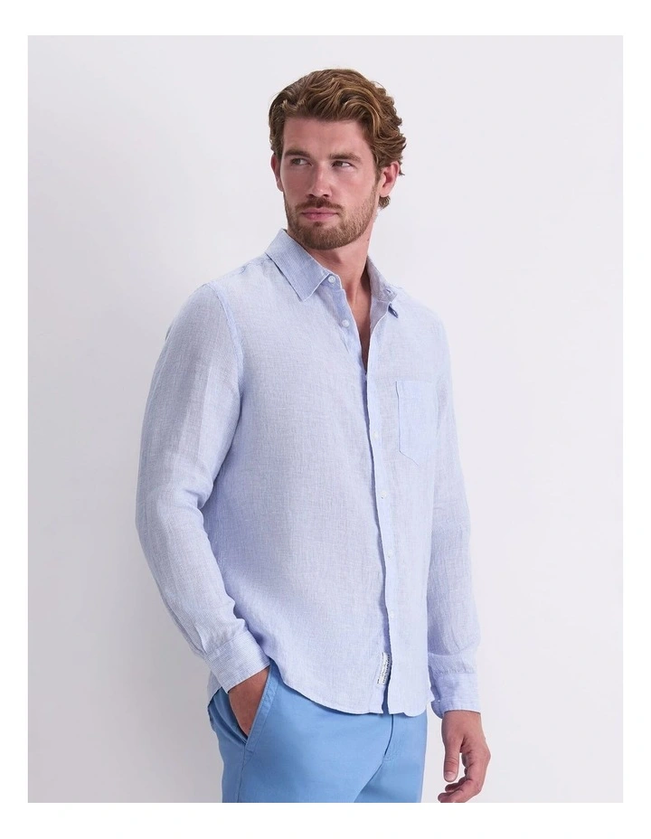 Vinnie Long Sleeve Linen Shirt in Blue image 3