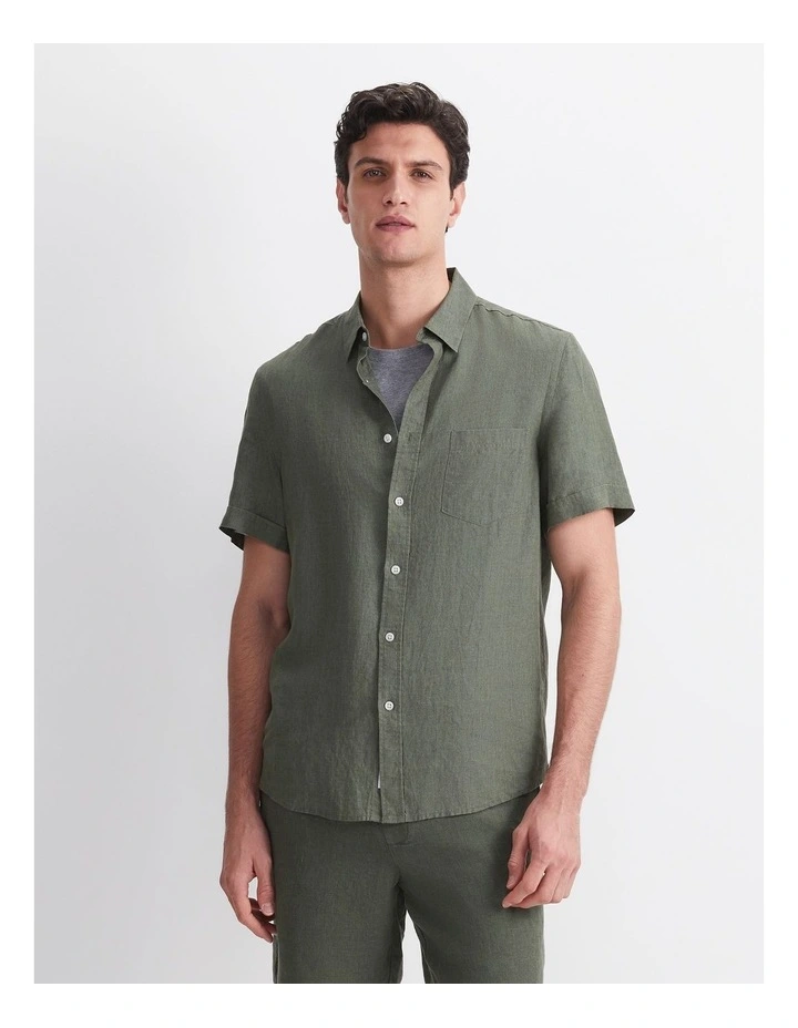 Short Sleeve Delave Linen Shirt in Green image 1