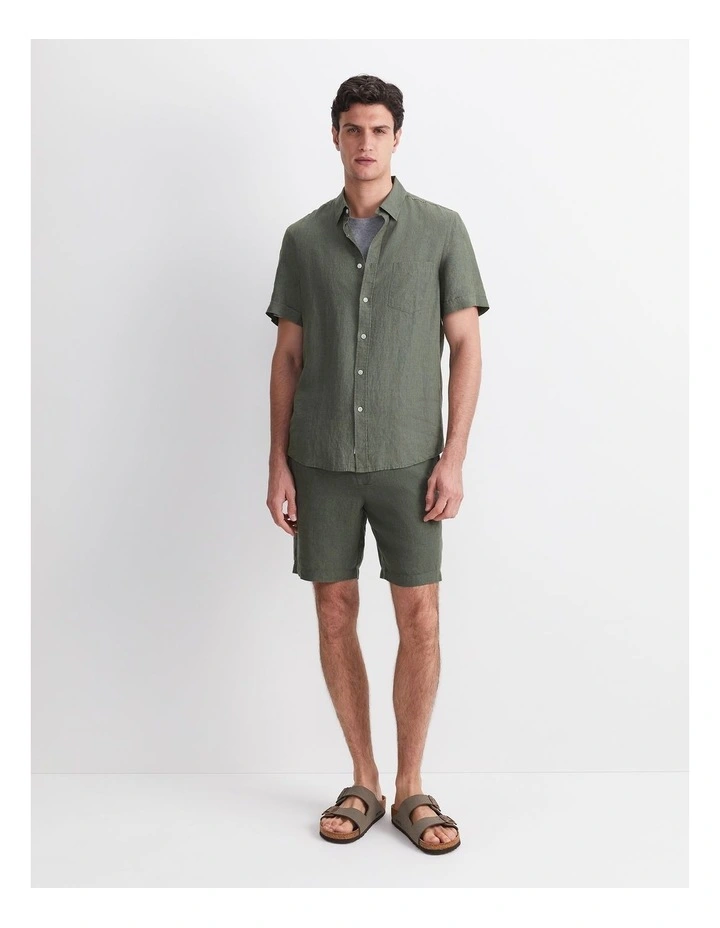 Short Sleeve Delave Linen Shirt in Green image 3