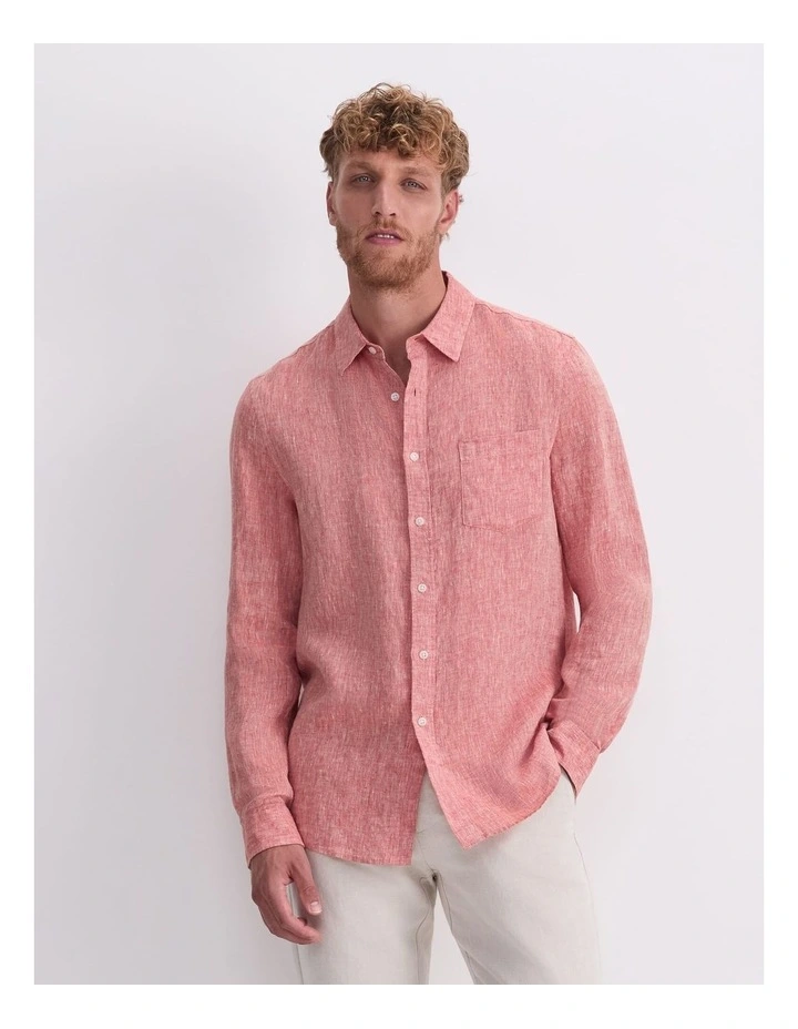 Long Sleeve Linen Yarn-Dyed Shirt in Red image 1