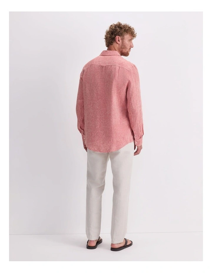 Long Sleeve Linen Yarn-Dyed Shirt in Red image 2