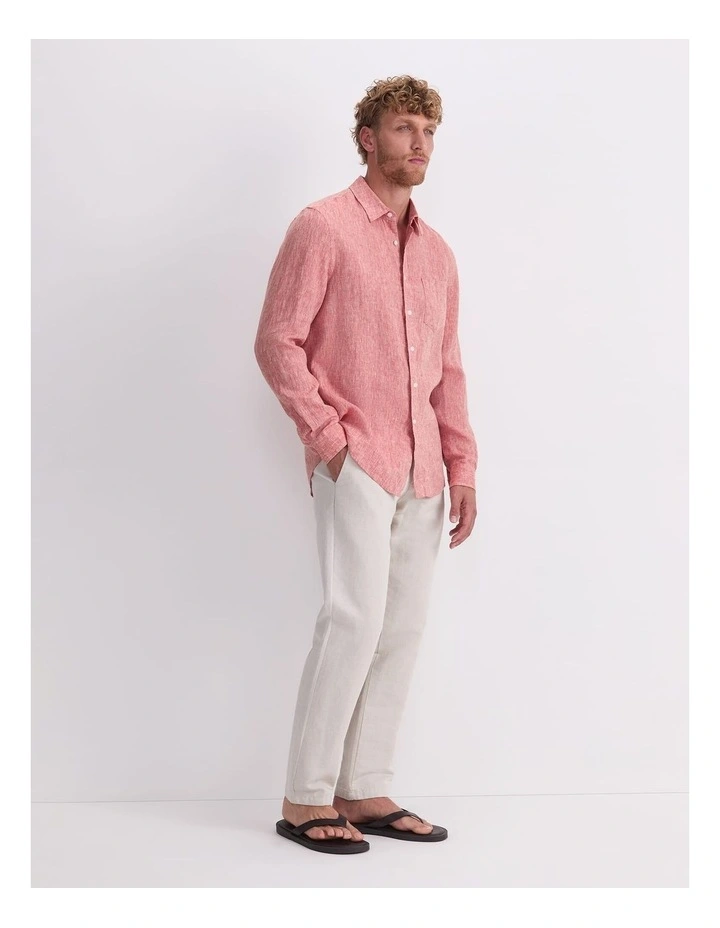 Long Sleeve Linen Yarn-Dyed Shirt in Red image 3