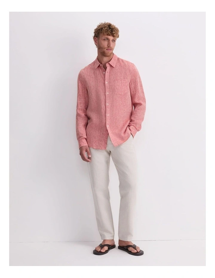 Long Sleeve Linen Yarn-Dyed Shirt in Red image 4