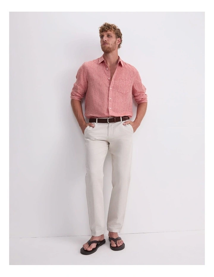 Long Sleeve Linen Yarn-Dyed Shirt in Red image 5