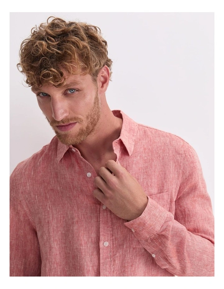 Long Sleeve Linen Yarn-Dyed Shirt in Red image 6