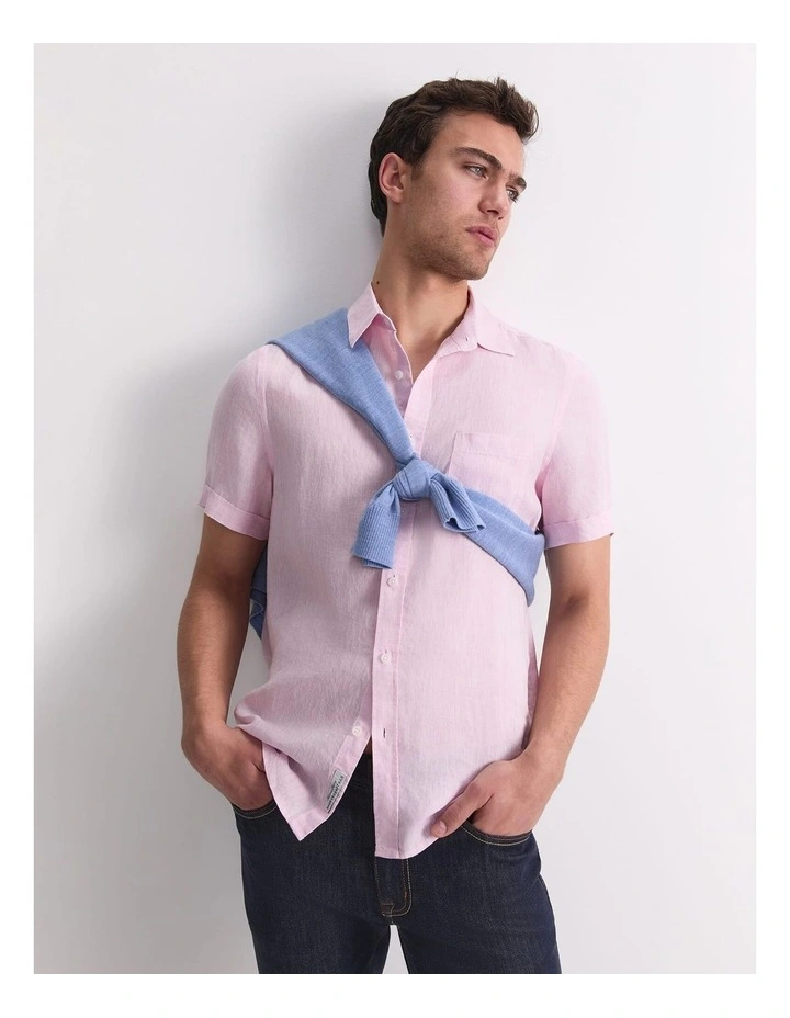 Short Sleeve Yarn-Dyed Linen Shirt in Pink image 1