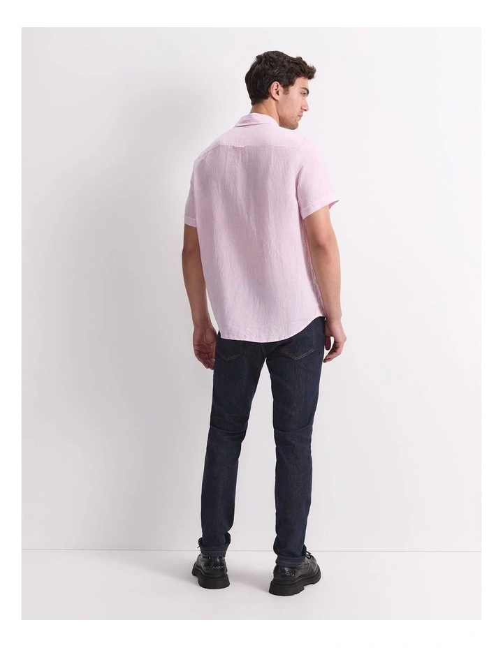 Short Sleeve Yarn-Dyed Linen Shirt in Pink image 2