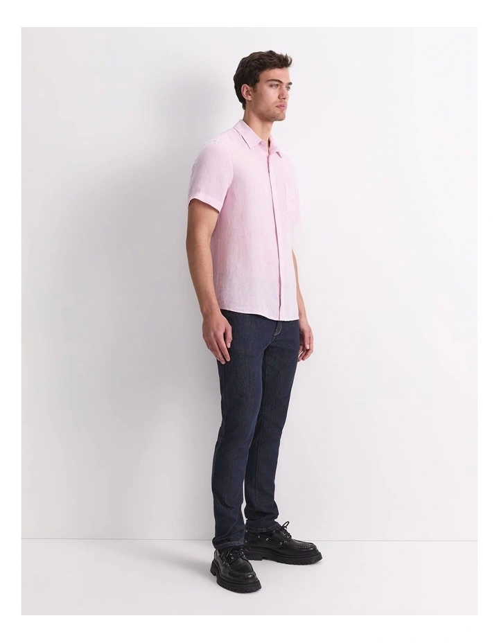 Short Sleeve Yarn-Dyed Linen Shirt in Pink image 3