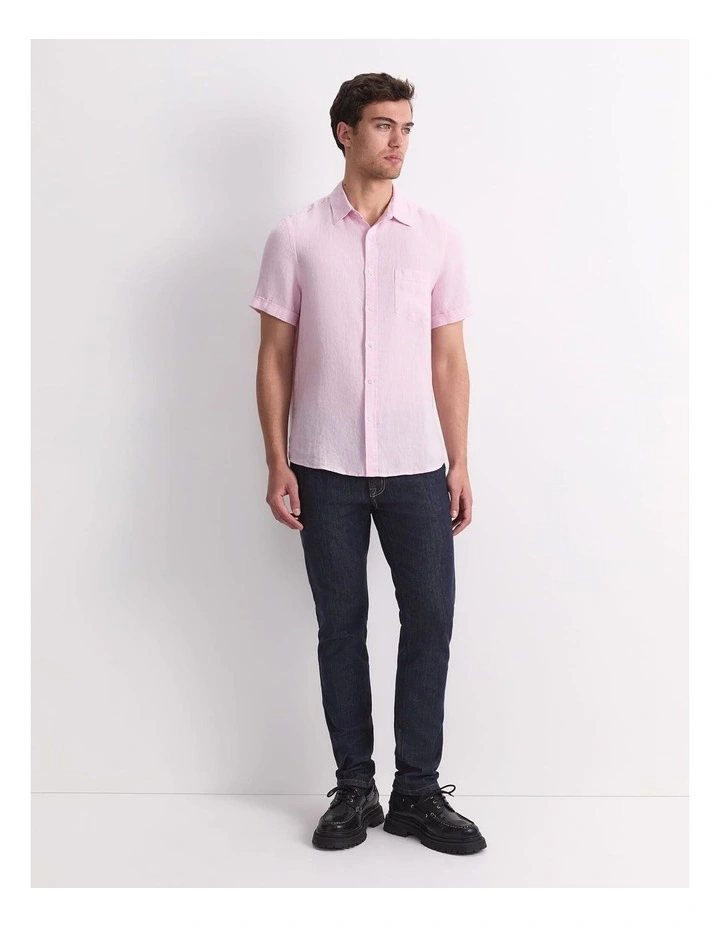Short Sleeve Yarn-Dyed Linen Shirt in Pink image 4