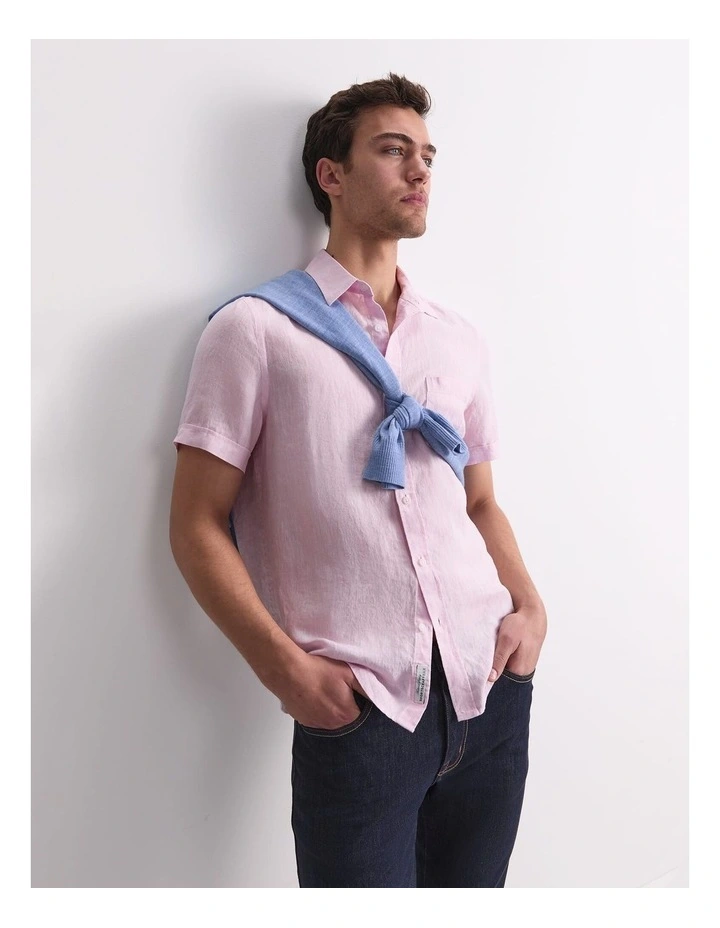 Short Sleeve Yarn-Dyed Linen Shirt in Pink image 5