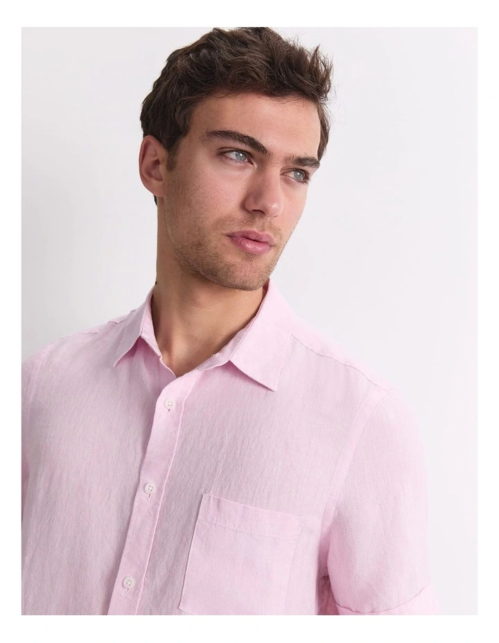 Short Sleeve Yarn-Dyed Linen Shirt in Pink image 6
