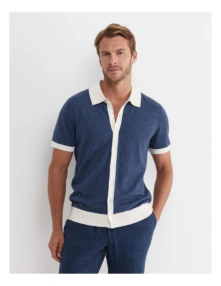 Ellis Knitted Short Sleeve Shirt in Navy image 3