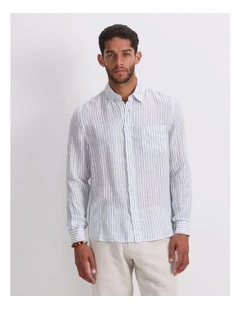 Marco Long Sleeve Linen Stripe Shirt in White