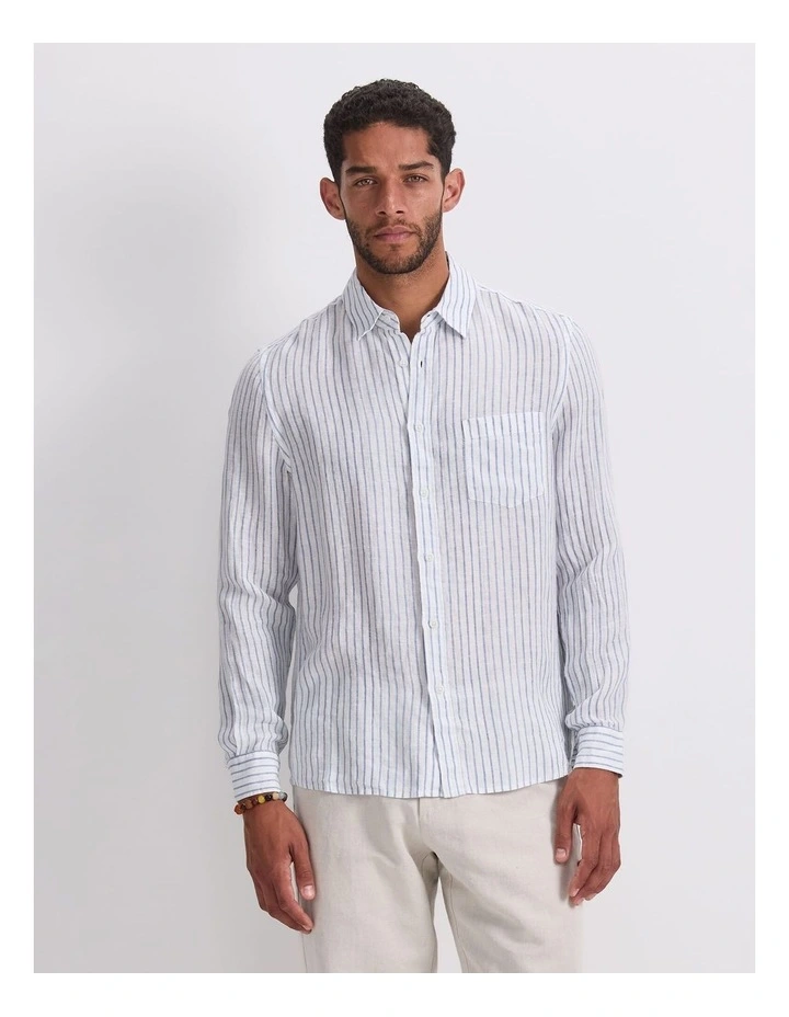 Marco Long Sleeve Linen Stripe Shirt in White image 1