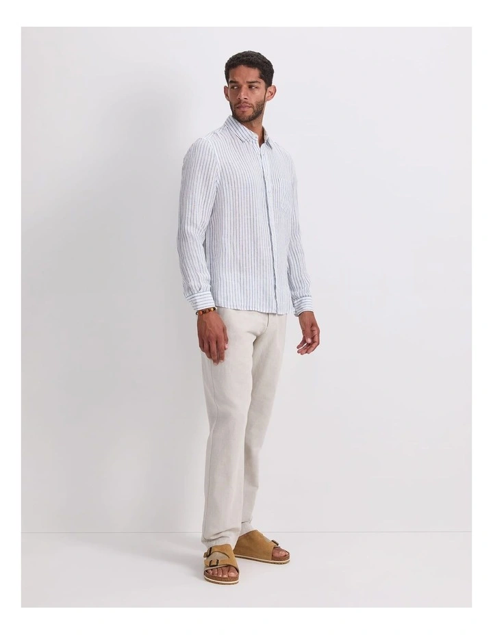 Marco Long Sleeve Linen Stripe Shirt in White image 3