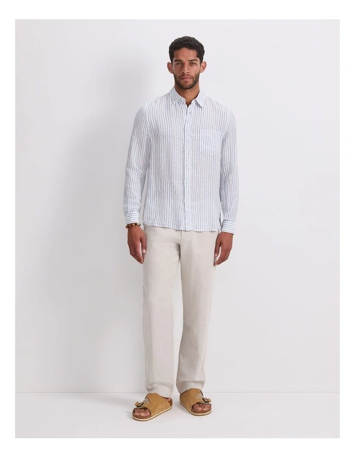Marco Long Sleeve Linen Stripe Shirt in White image 4