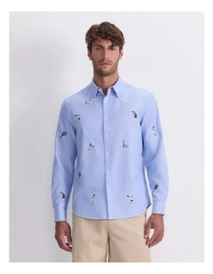 Ebroidered Long Sleeve Oxford Shirt in Blue