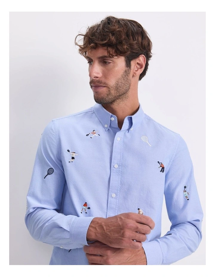 Ebroidered Long Sleeve Oxford Shirt in Blue image 5