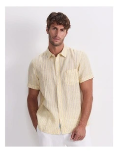 Short Sleeve Linen Stripe Shirt in Yellow
