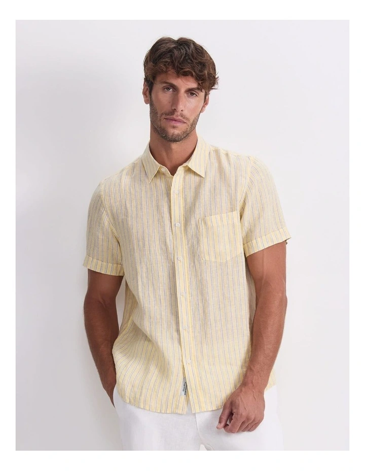 Short Sleeve Linen Stripe Shirt in Yellow image 1
