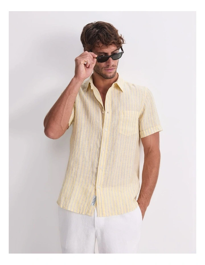 Short Sleeve Linen Stripe Shirt in Yellow image 3