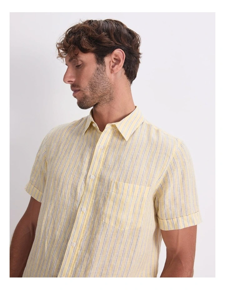 Short Sleeve Linen Stripe Shirt in Yellow image 4