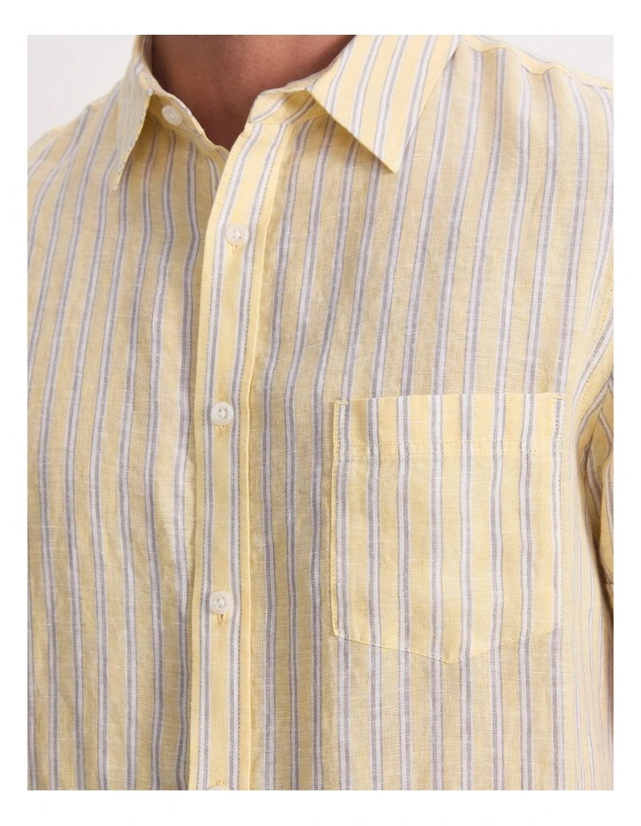 Short Sleeve Linen Stripe Shirt in Yellow image 5