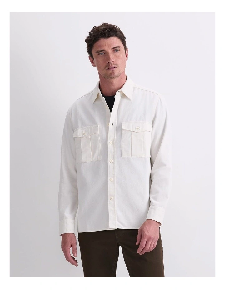 Double Pocket Long Sleeve Overshirt in White image 1