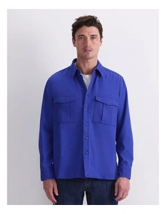 Double Pocket Long Sleeve Overshirt in Cobalt