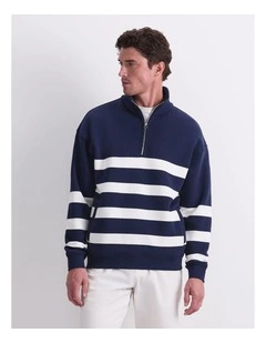 Stripe Zip Sweatshirt in Navy