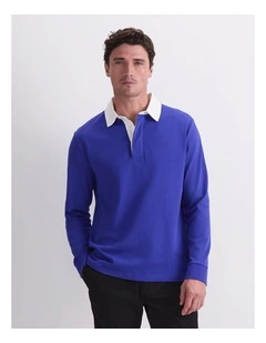 Long Sleeve Rugby Polo T-shirt in Cobalt
