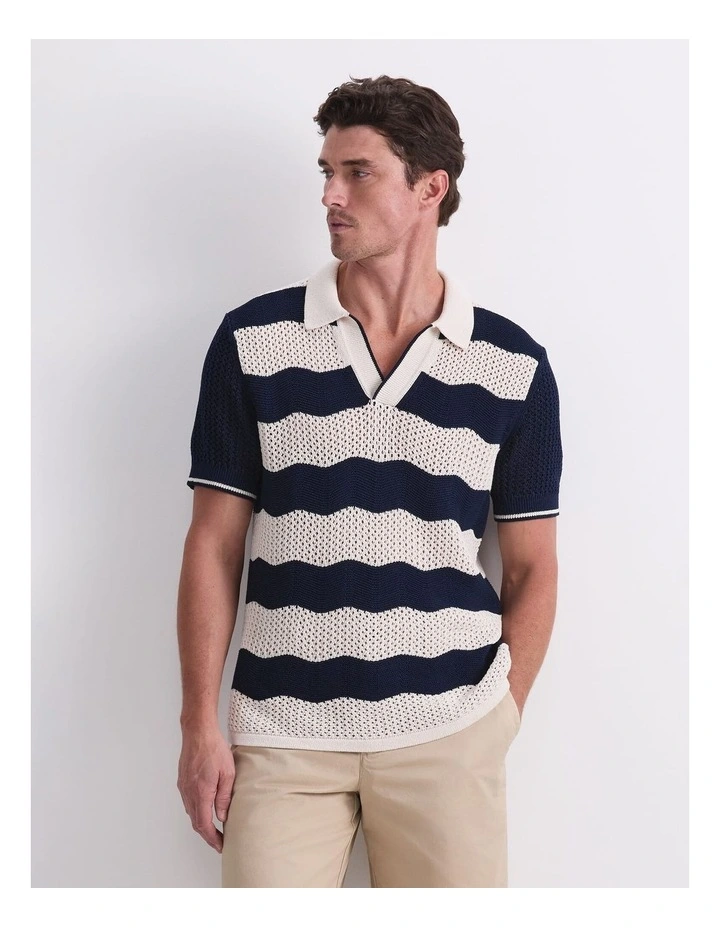 Wave Stripe Knit Polo T-shirt in Navy/White image 1