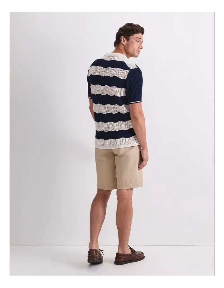 Wave Stripe Knit Polo T-shirt in Navy/White image 2