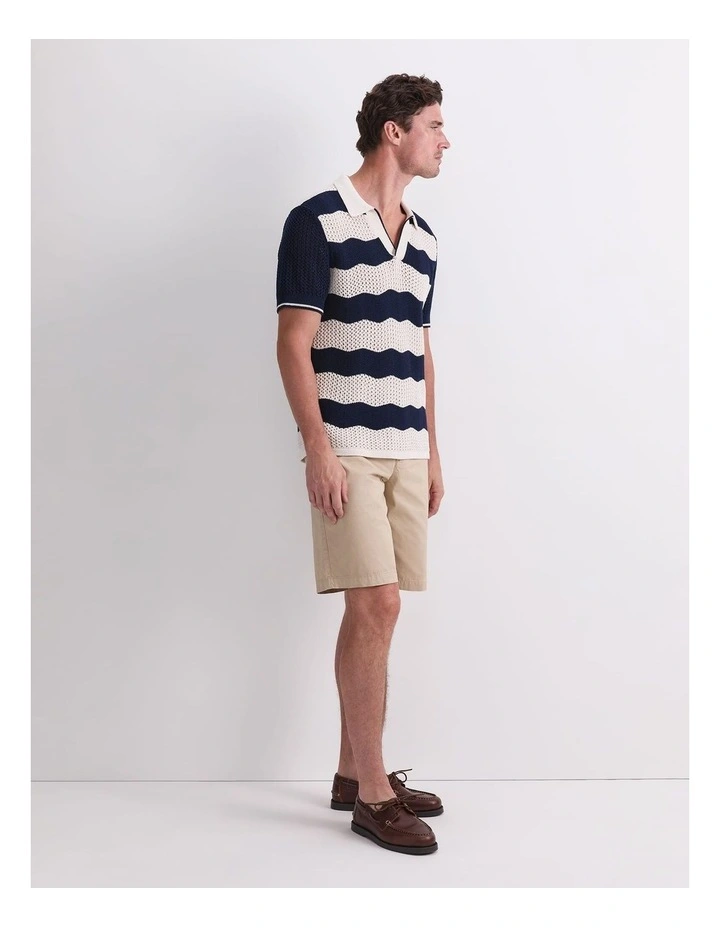 Wave Stripe Knit Polo T-shirt in Navy/White image 3