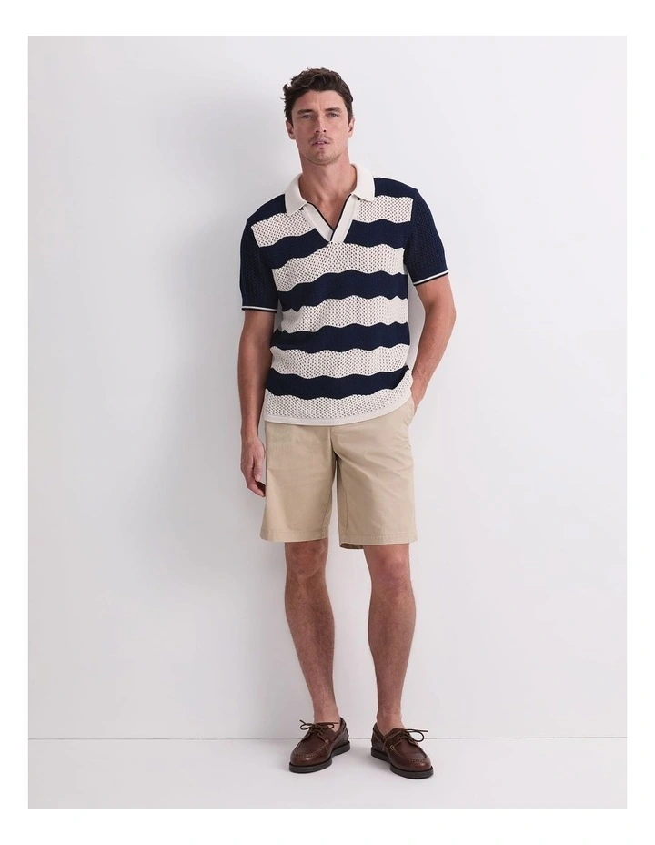 Wave Stripe Knit Polo T-shirt in Navy/White image 4