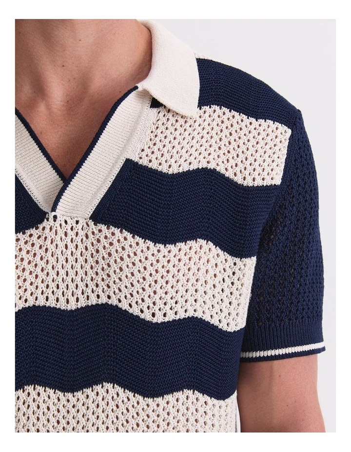 Wave Stripe Knit Polo T-shirt in Navy/White image 6