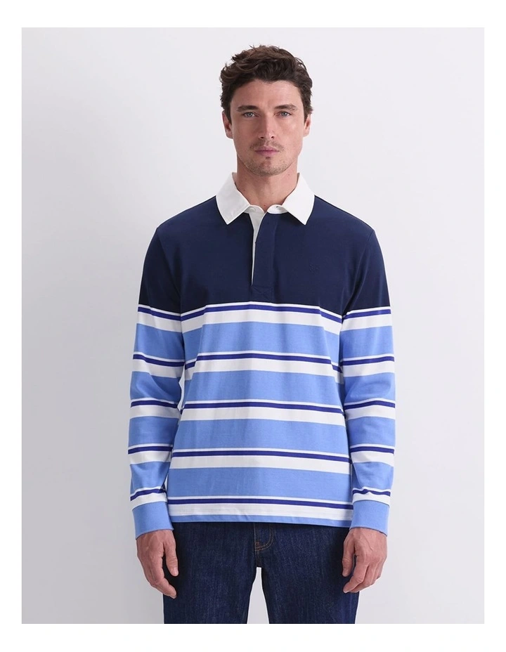 Long Sleeve Stripe Rugby Polo T-shirt in Blue Multi image 1