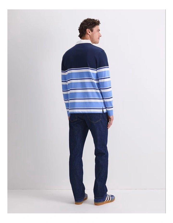 Long Sleeve Stripe Rugby Polo T-shirt in Blue Multi image 2