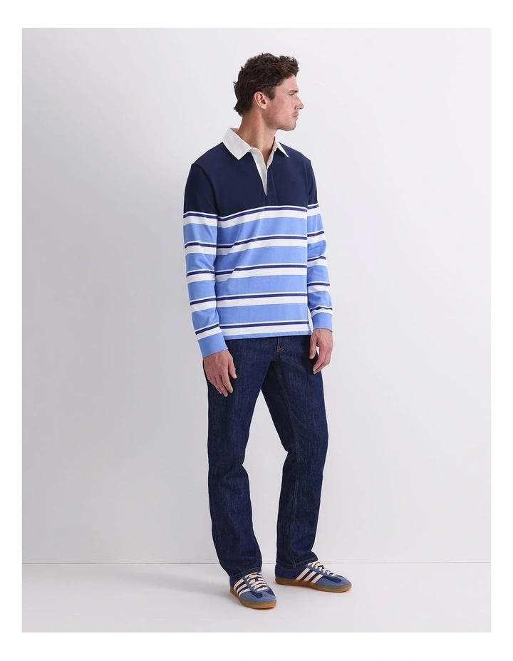 Long Sleeve Stripe Rugby Polo T-shirt in Blue Multi image 3
