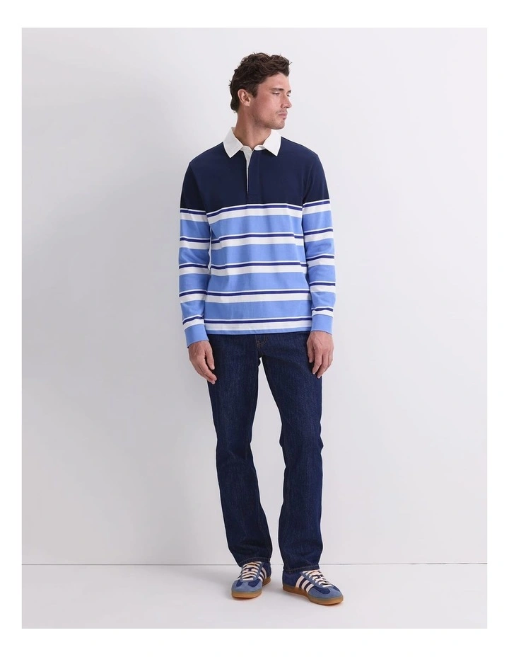 Long Sleeve Stripe Rugby Polo T-shirt in Blue Multi image 4