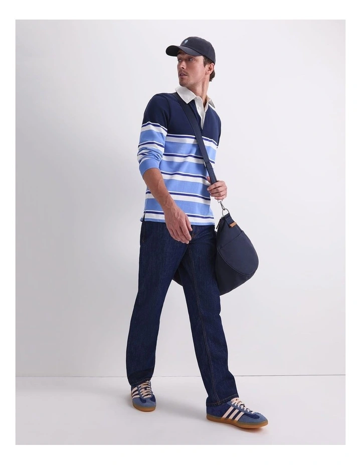 Long Sleeve Stripe Rugby Polo T-shirt in Blue Multi image 5