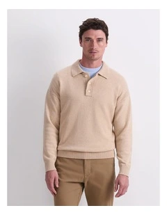 Long Sleeve Knit Polo in String