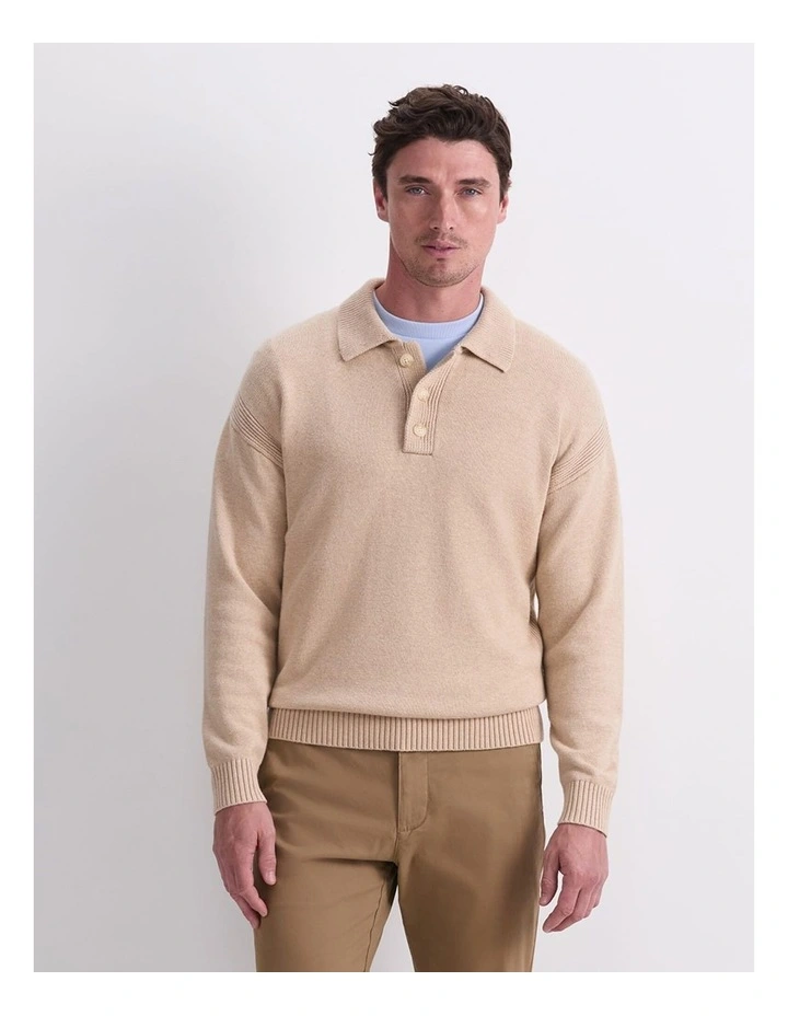 Long Sleeve Knit Polo in String image 1